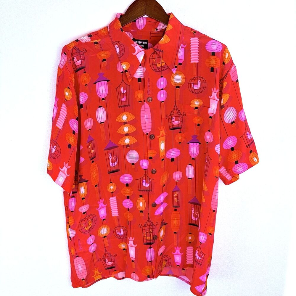 Rare SHAG by Avanti XL Silk Aloha Shirt Red Lantern Birdcage Tiki Hawaiian Camp